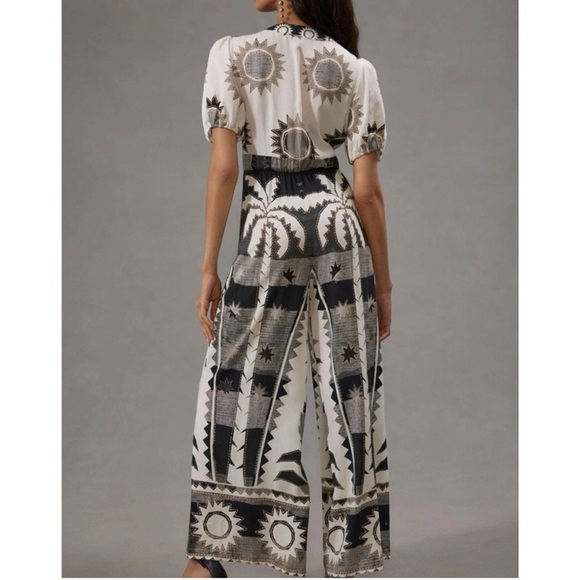 Farm Rio Puff-Sleeve Linen Jumpsuit Black White Size Medium Petite - Picture 11 of 13